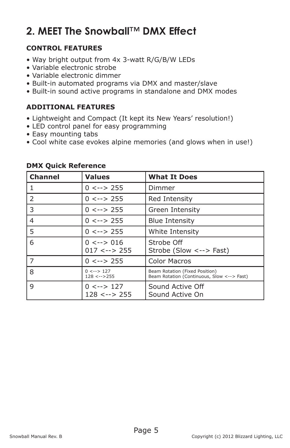 Meet the snowball ™ dmx effect, Page 5 | Blizzard Lighting Snowball (Rev B) User Manual | Page 5 / 12