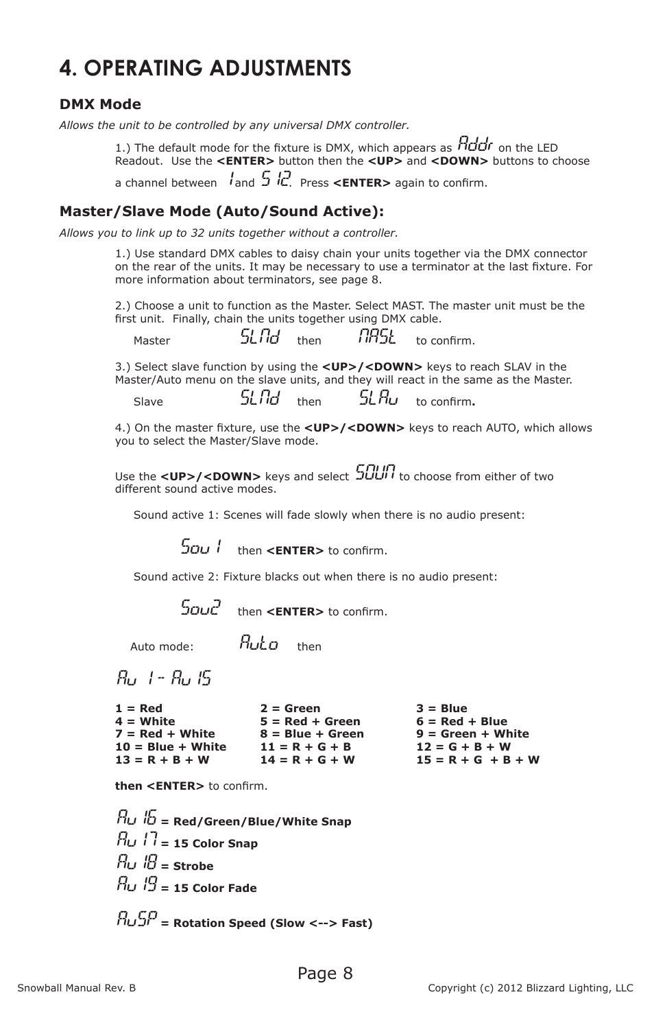 Operating adjustments, Addr, Slnd | Nast, Slau, Soun, Sou1, Sou2, Auto, Au 1 - au15 | Blizzard Lighting Snowball (Rev B) User Manual | Page 8 / 12