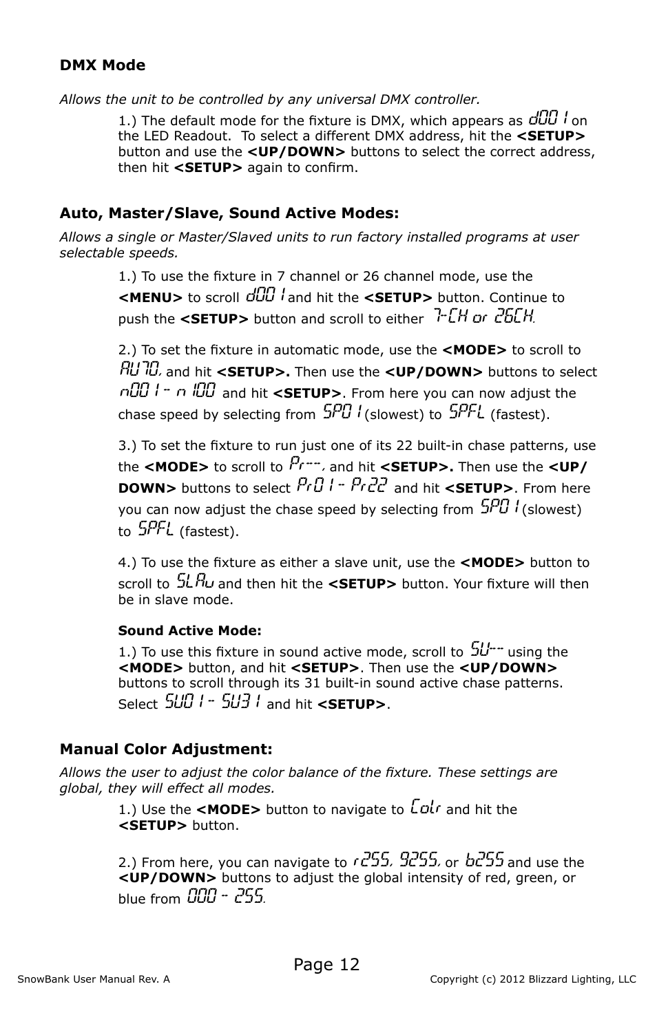 D001, Ch or 26ch, Au7o | Sp01, Spfl, Pr01 - pr22, Slau, Su01 - su31, Colr, B255 | Blizzard Lighting SnowBank (Rev A) User Manual | Page 12 / 20