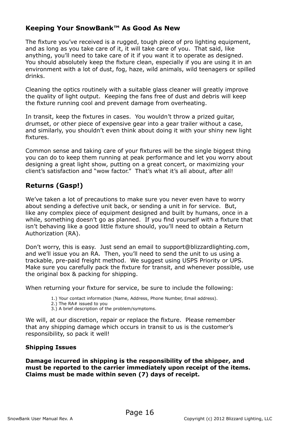 Page 16 | Blizzard Lighting SnowBank (Rev A) User Manual | Page 16 / 20