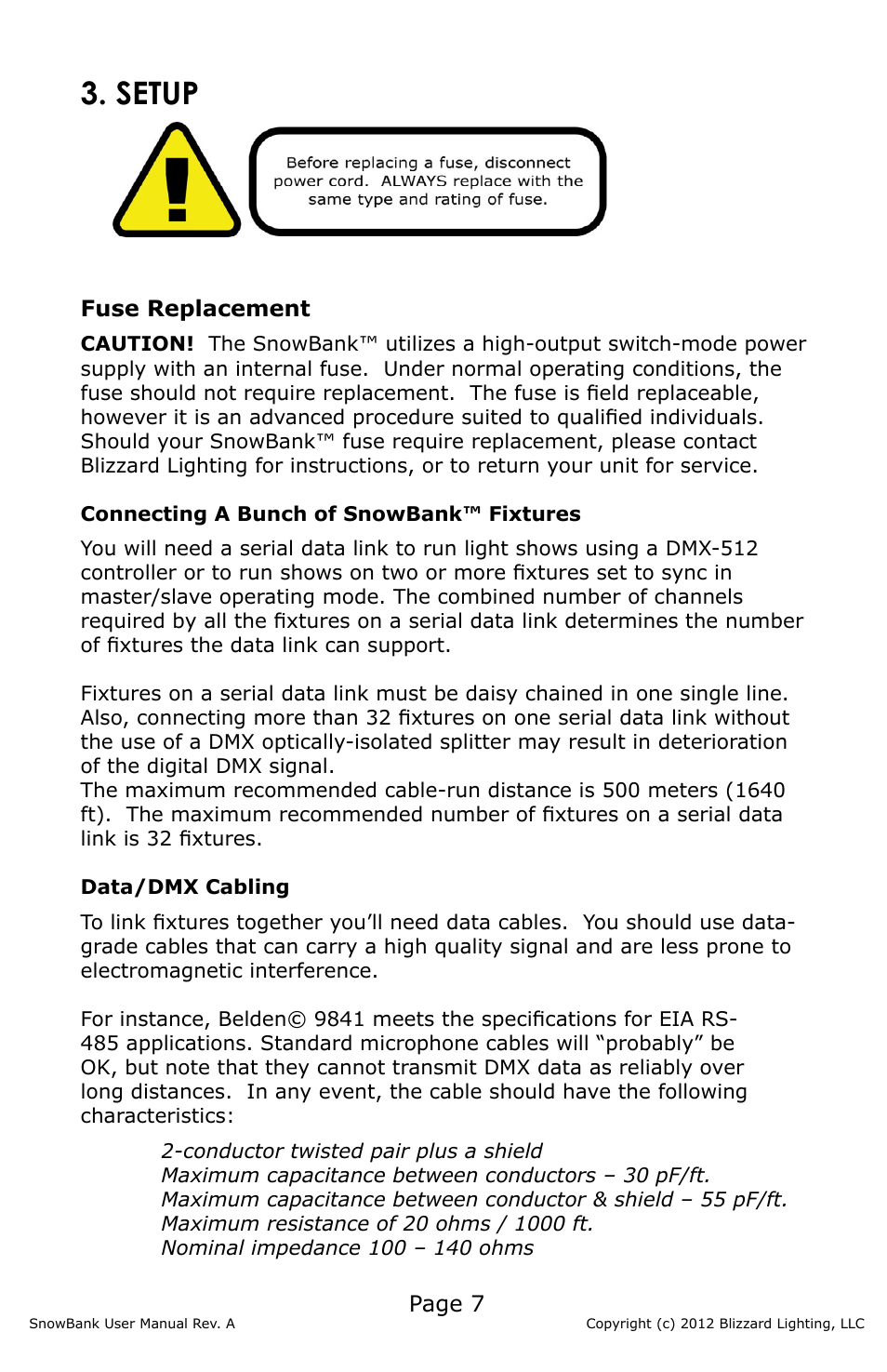 Setup, Page 7, Fuse replacement | Blizzard Lighting SnowBank (Rev A) User Manual | Page 7 / 20