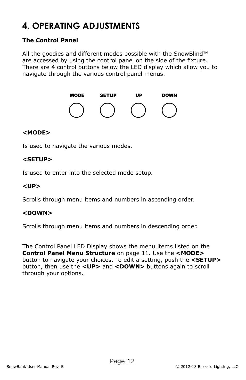 Operating adjustments, Page 12 | Blizzard Lighting SnowBank (Rev B) User Manual | Page 12 / 20