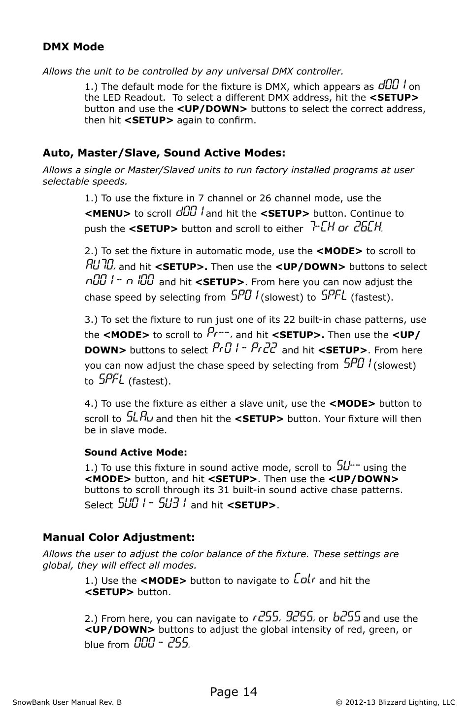 D001, Ch or 26ch, Au7o | Sp01, Spfl, Pr01 - pr22, Slau, Su01 - su31, Colr, B255 | Blizzard Lighting SnowBank (Rev B) User Manual | Page 14 / 20