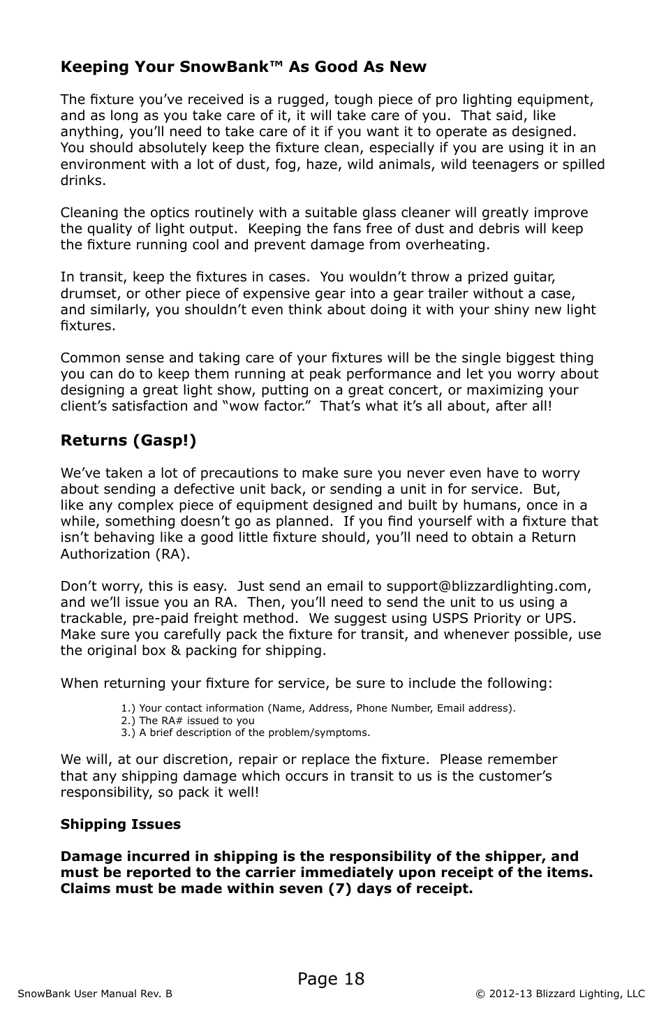 Page 18 | Blizzard Lighting SnowBank (Rev B) User Manual | Page 18 / 20