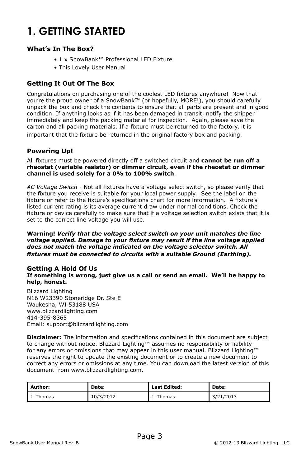 Getting started, Page 3 | Blizzard Lighting SnowBank (Rev B) User Manual | Page 3 / 20