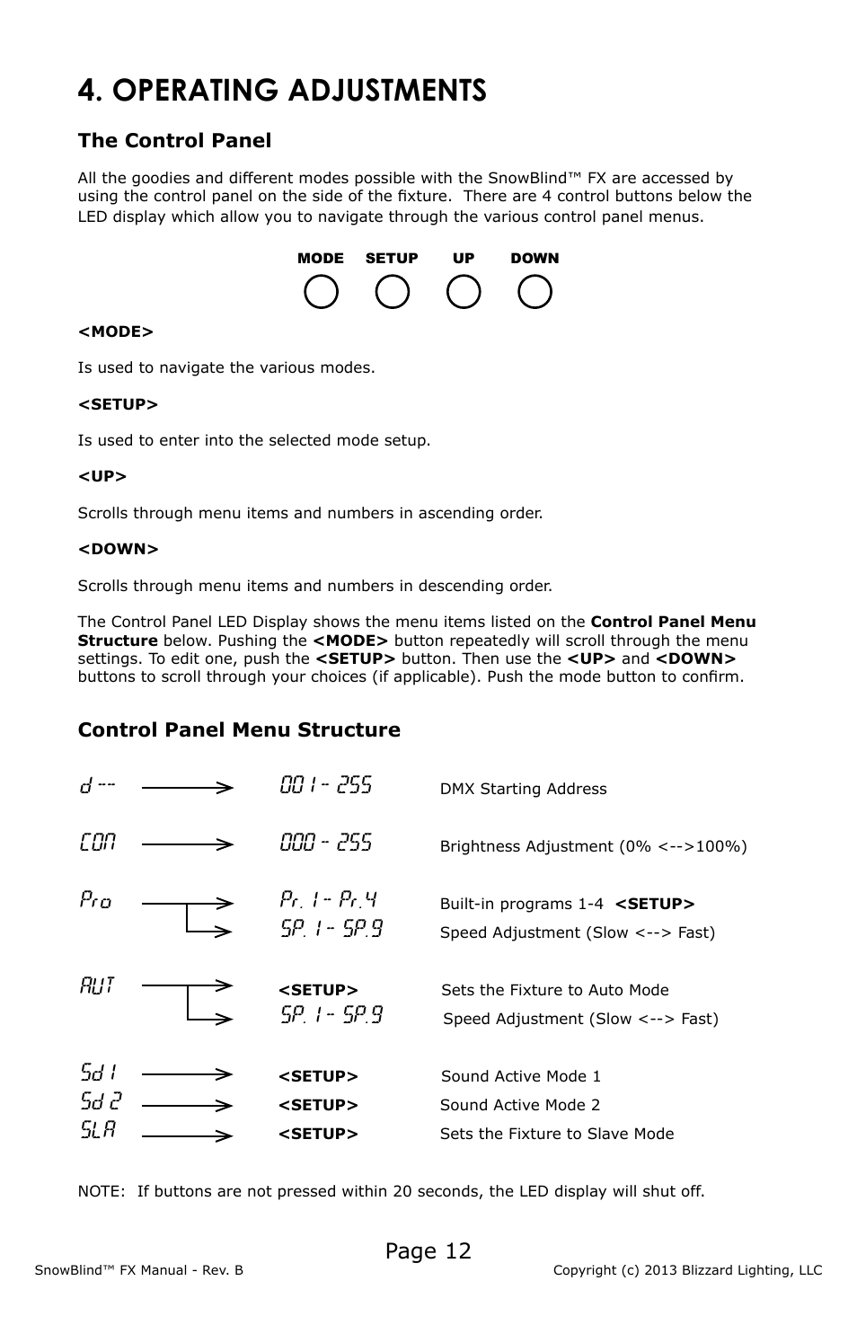 Operating adjustments, Page 12, D - 255 | Pro pr.1 - pr.4, Sp.1 - sp.9, Sd 2 | Blizzard Lighting FX SnowBlind (Rev B) User Manual | Page 12 / 20