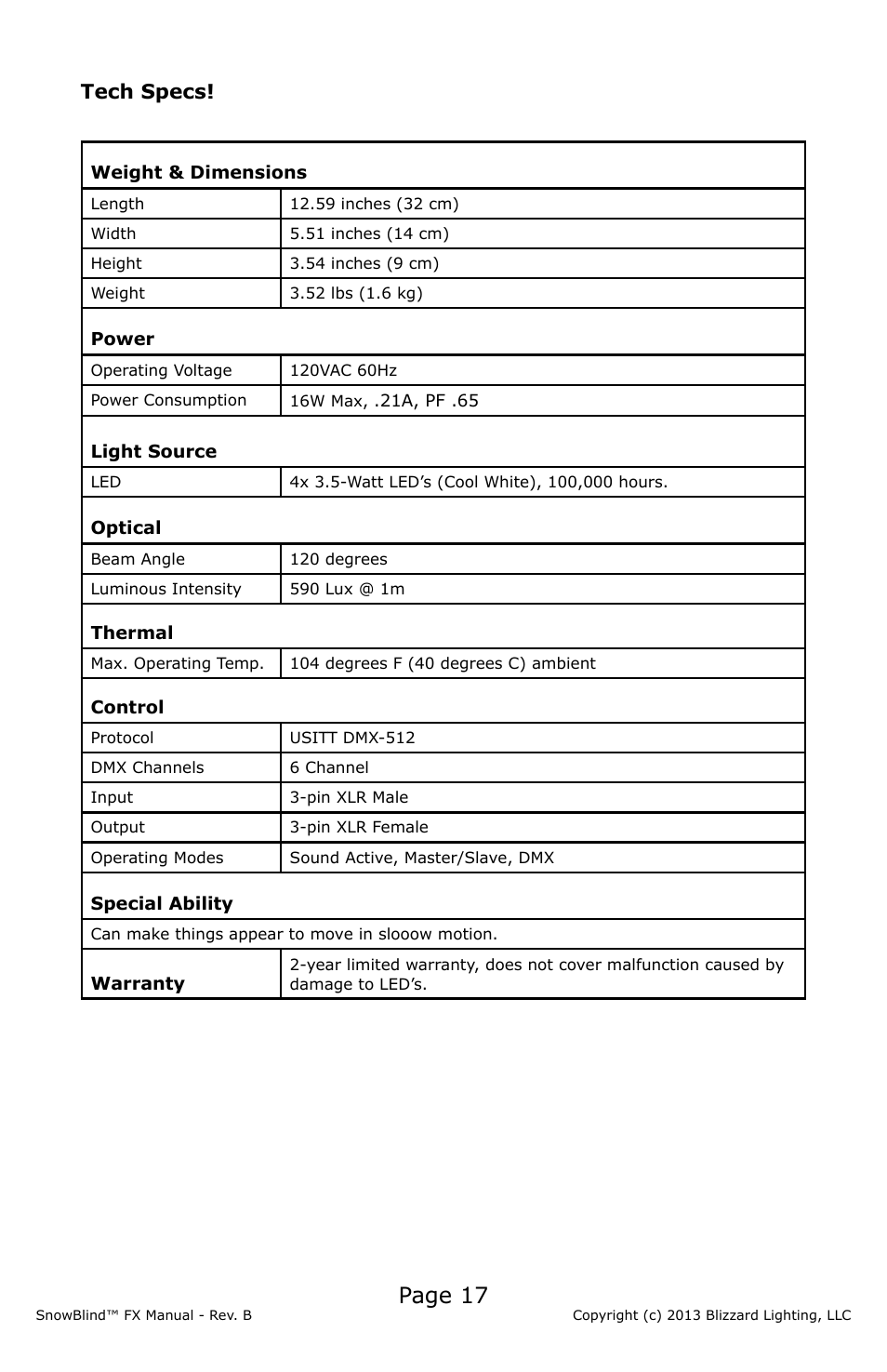 Page 17, Tech specs | Blizzard Lighting FX SnowBlind (Rev B) User Manual | Page 17 / 20