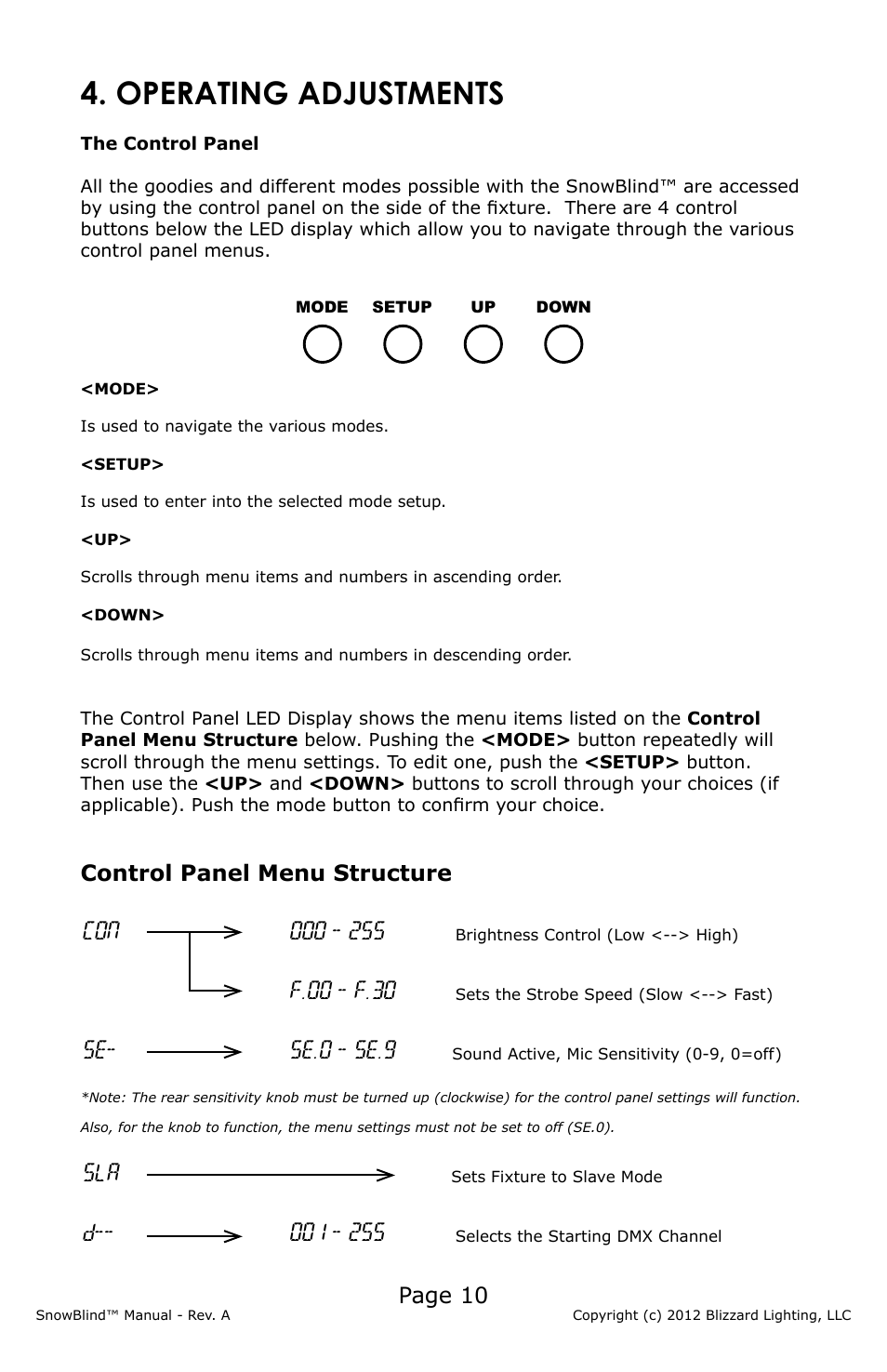 Operating adjustments, Page 10, F.00 - f.30 | Se- se.0 - se.9, D - 255 | Blizzard Lighting SnowBlind (Rev A) User Manual | Page 10 / 16