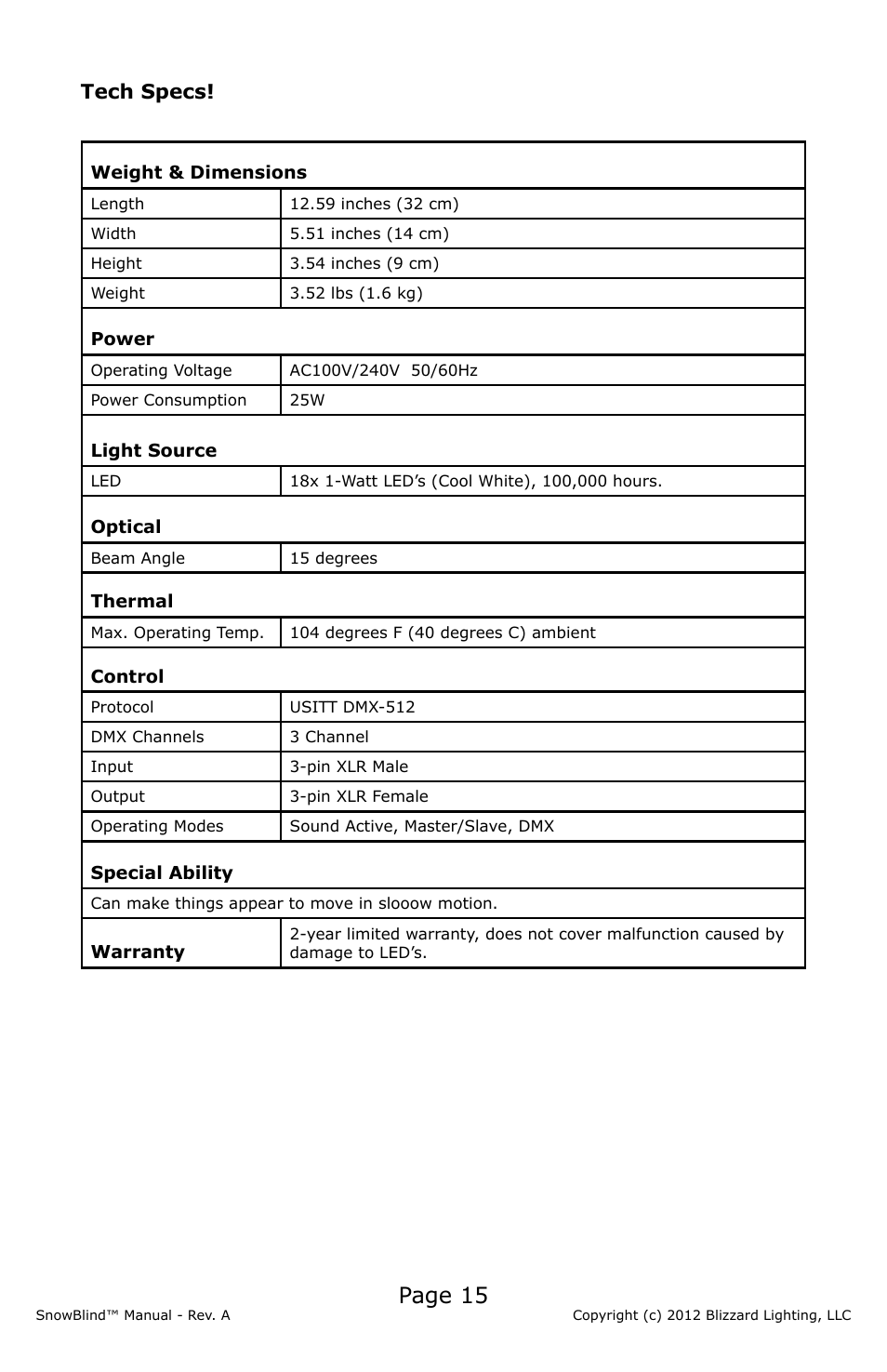 Page 15, Tech specs | Blizzard Lighting SnowBlind (Rev A) User Manual | Page 15 / 16