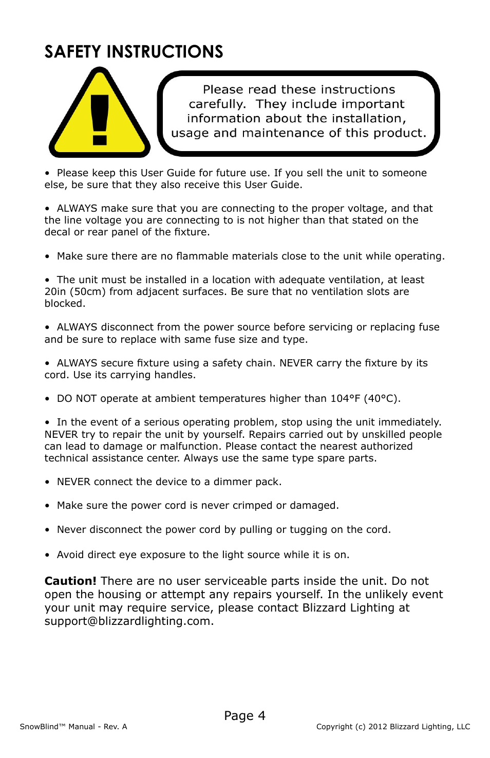 Safety instructions, Page 4 | Blizzard Lighting SnowBlind (Rev A) User Manual | Page 4 / 16