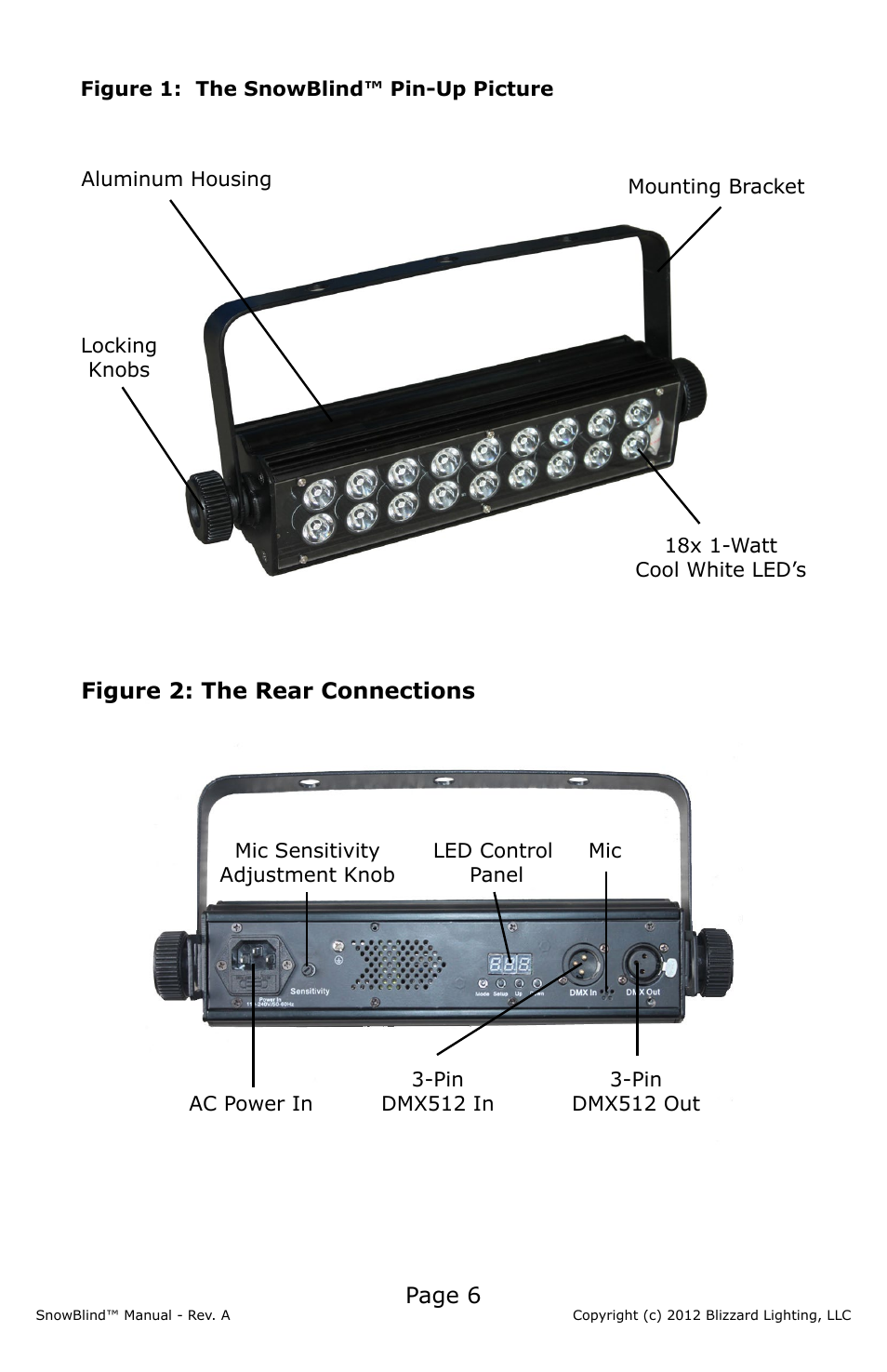 Page 6, Figure 2: the rear connections | Blizzard Lighting SnowBlind (Rev A) User Manual | Page 6 / 16