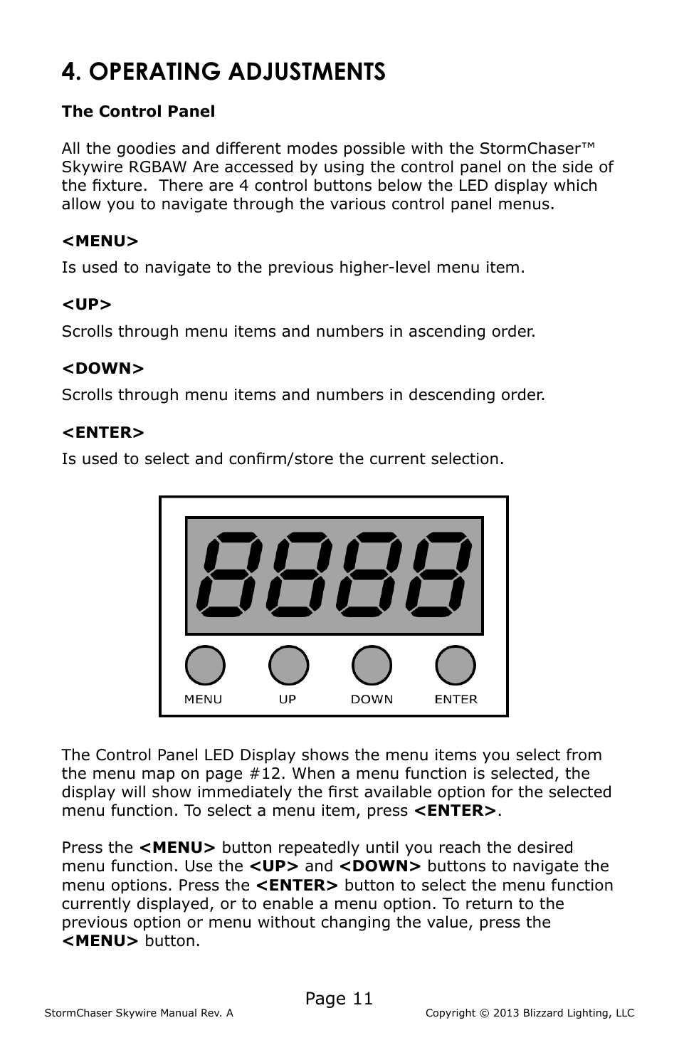 Operating adjustments, Page 11 | Blizzard Lighting RGBAW StormChaser Skywire (Rev A) User Manual | Page 11 / 20