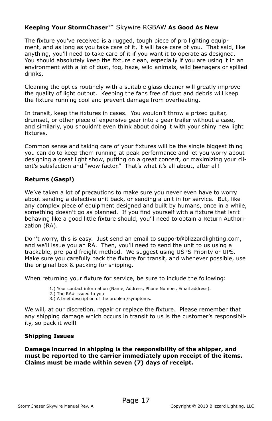 Page 17 | Blizzard Lighting RGBAW StormChaser Skywire (Rev A) User Manual | Page 17 / 20