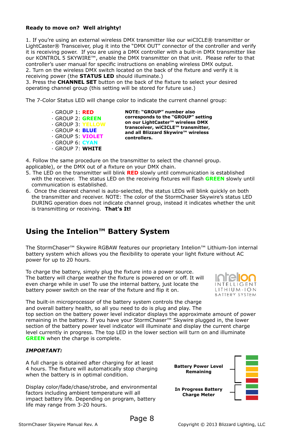 Page 8, Using the intelion™ battery system | Blizzard Lighting RGBAW StormChaser Skywire (Rev A) User Manual | Page 8 / 20