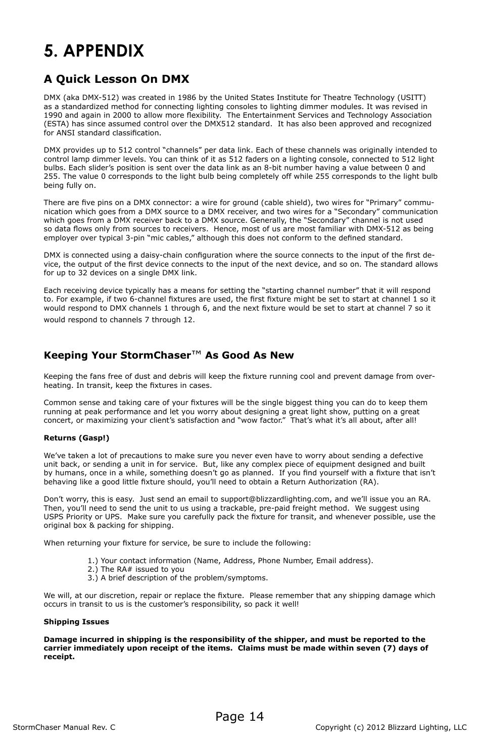 Appendix, Page 14, A quick lesson on dmx | Keeping your stormchaser, As good as new | Blizzard Lighting RGBW LED Strip StormChaser (Rev C) User Manual | Page 14 / 16