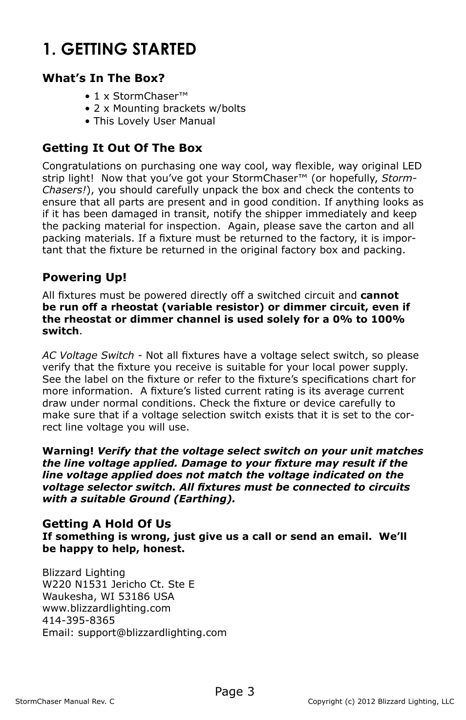 Getting started, Page 3 | Blizzard Lighting RGBW LED Strip StormChaser (Rev C) User Manual | Page 3 / 16