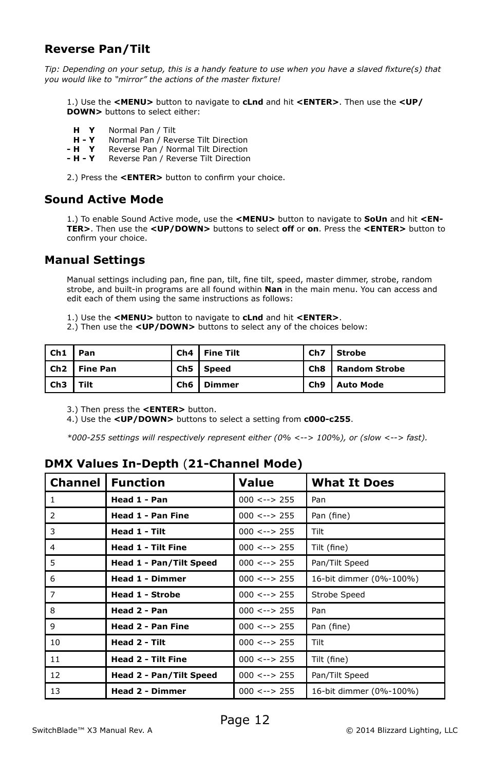 Page 12, Reverse pan/tilt, Sound active mode | Manual settings | Blizzard Lighting X3 SwitchBlade (Rev A) User Manual | Page 12 / 20