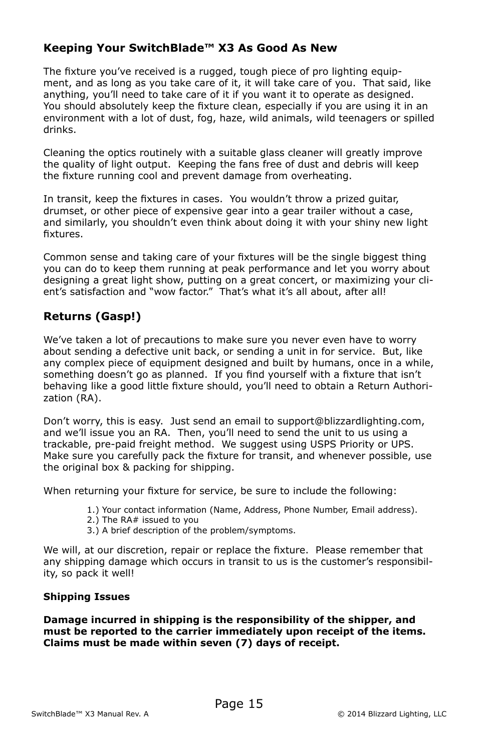 Page 15 | Blizzard Lighting X3 SwitchBlade (Rev A) User Manual | Page 15 / 20