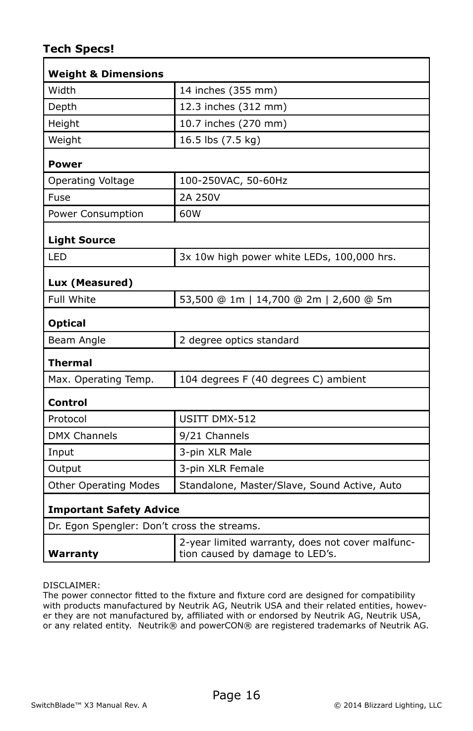 Page 16 | Blizzard Lighting X3 SwitchBlade (Rev A) User Manual | Page 16 / 20