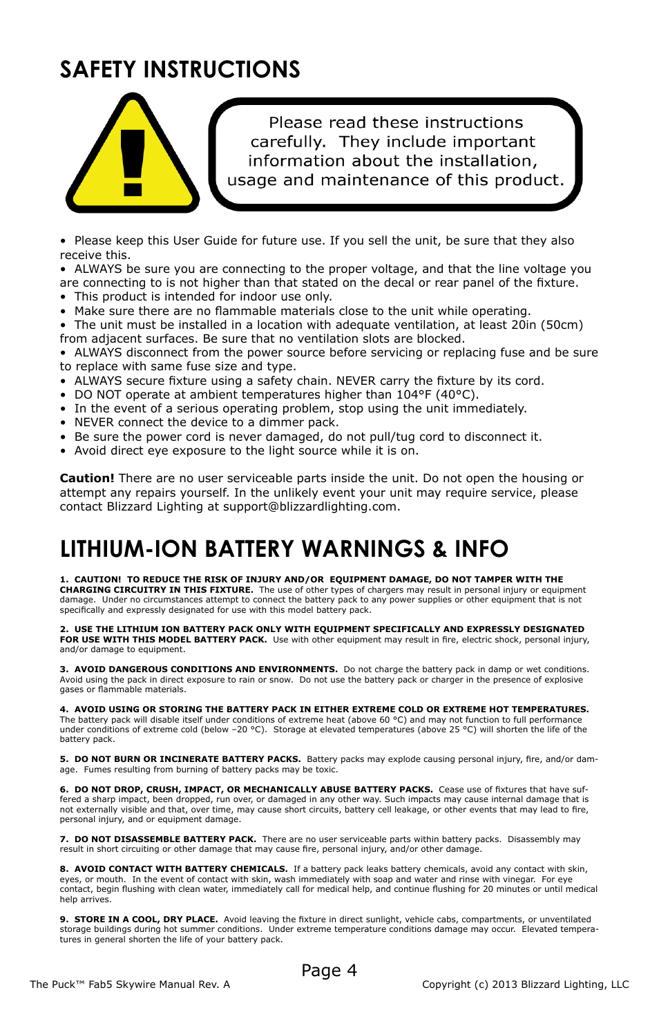 Safety instructions, Lithium-ion battery warnings & info, Page 4 | Blizzard Lighting The Puck Fab 5 Skywire (Rev A) User Manual | Page 4 / 16