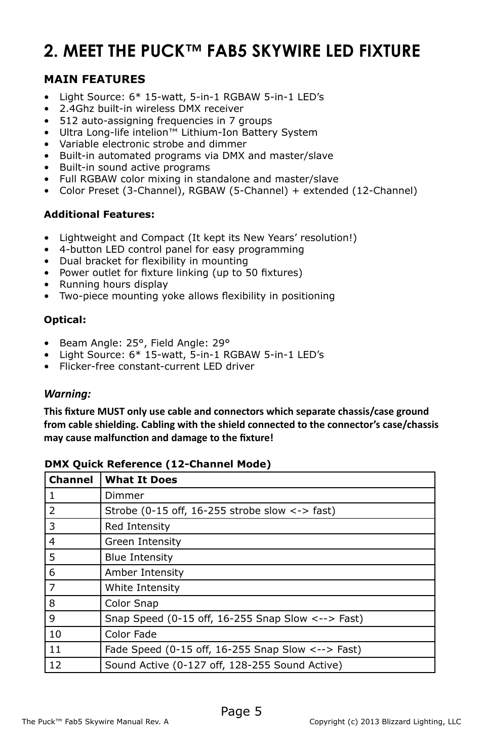 Meet the puck™ fab5 skywire led fixture, Page 5, Warning | Blizzard Lighting The Puck Fab 5 Skywire (Rev A) User Manual | Page 5 / 16