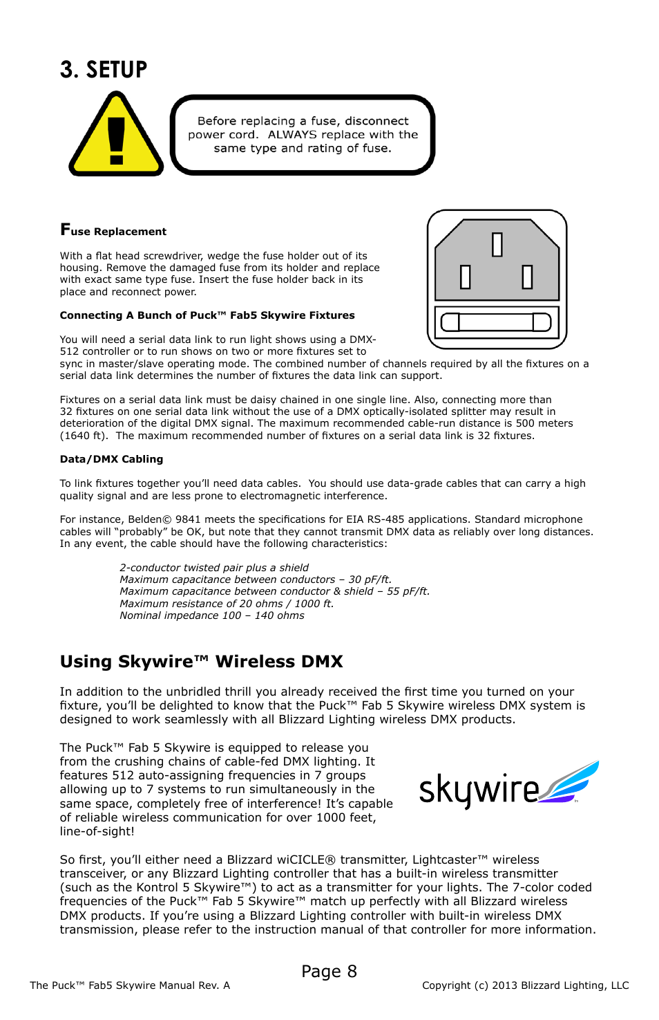 Setup, Page 8, Using skywire™ wireless dmx | Blizzard Lighting The Puck Fab 5 Skywire (Rev A) User Manual | Page 8 / 16