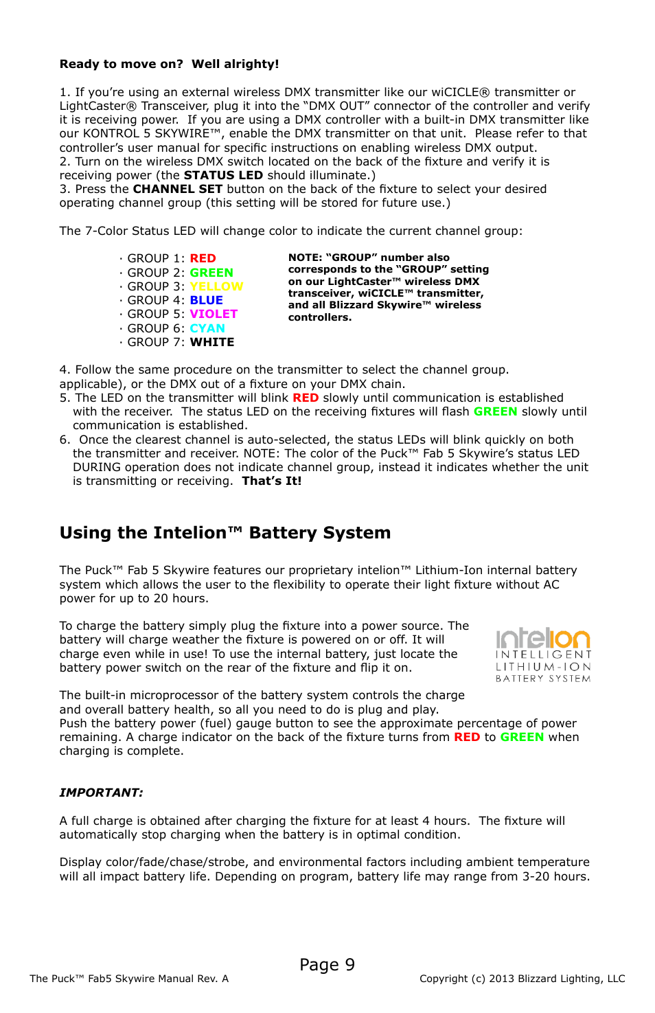 Page 9, Using the intelion™ battery system | Blizzard Lighting The Puck Fab 5 Skywire (Rev A) User Manual | Page 9 / 16