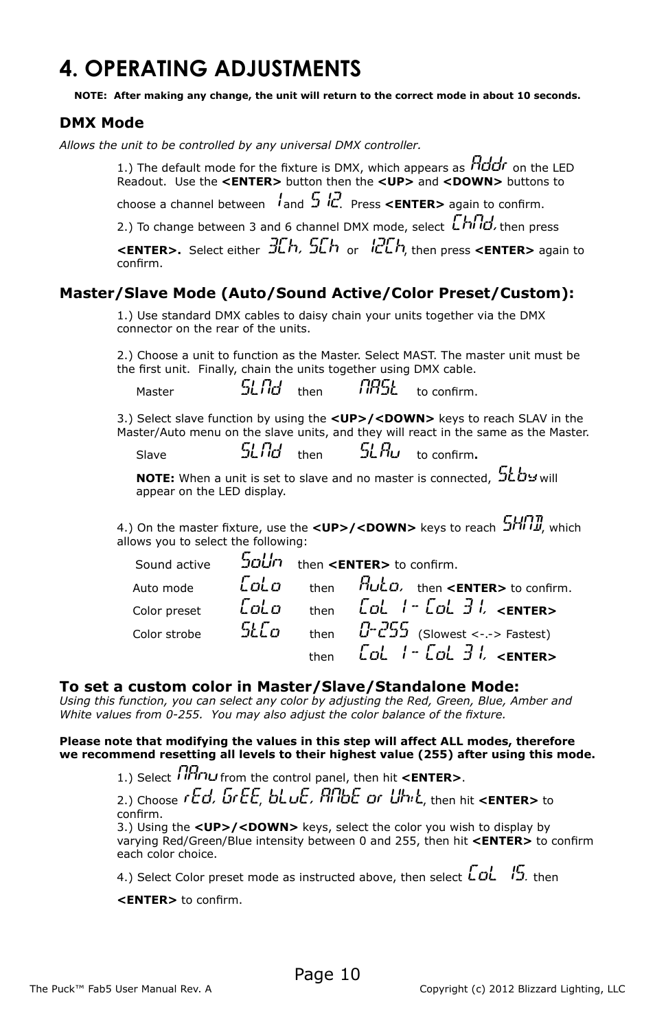 Operating adjustments, Soun, Addr | Chnd, 3ch, 5ch, 12ch, Slnd, Nast, Slau, Stby | Blizzard Lighting The Puck Fab5 (Rev A) User Manual | Page 10 / 16
