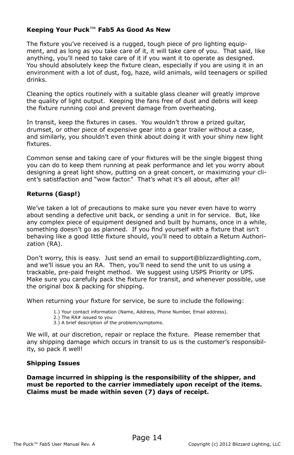 Page 14 | Blizzard Lighting The Puck Fab5 (Rev A) User Manual | Page 14 / 16
