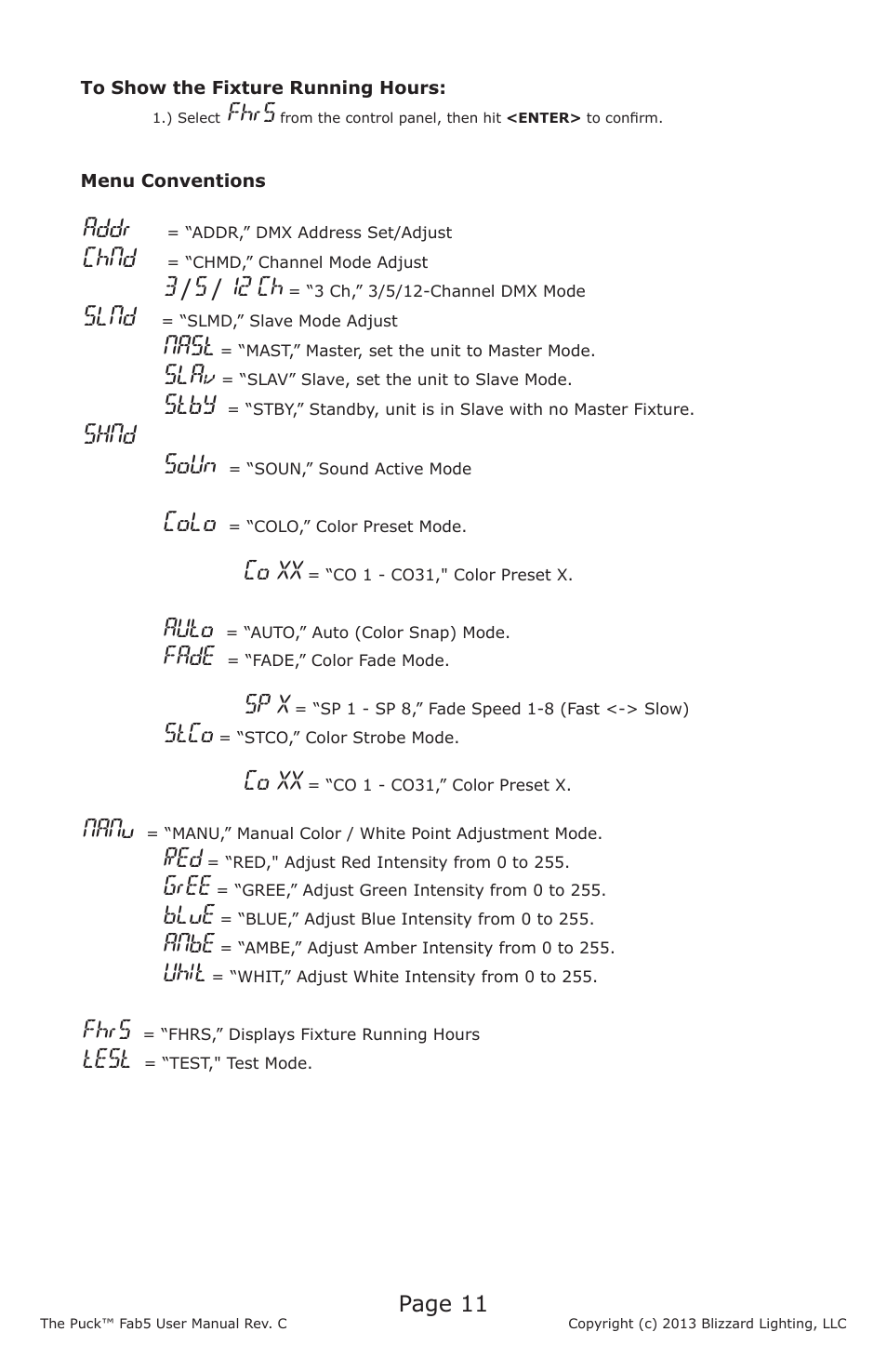 Addr, Chnd, Slnd | Nast, Slav, Stby, Shnd, Soun, Colo, Fhrs | Blizzard Lighting The Puck Fab5 (Rev C) User Manual | Page 11 / 16