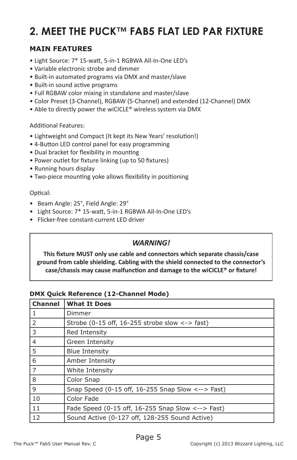 Meet the puck™ fab5 flat led par fixture, Warning, Page 5 | Blizzard Lighting The Puck Fab5 (Rev C) User Manual | Page 5 / 16