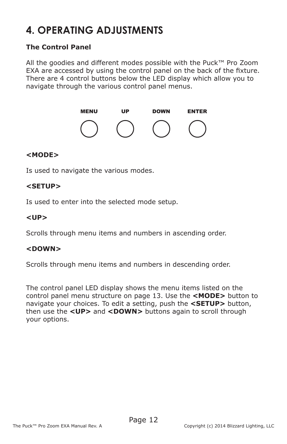 Operating adjustments, Page 12 | Blizzard Lighting The Puck Pro Zoom EXA (Rev A) User Manual | Page 12 / 20
