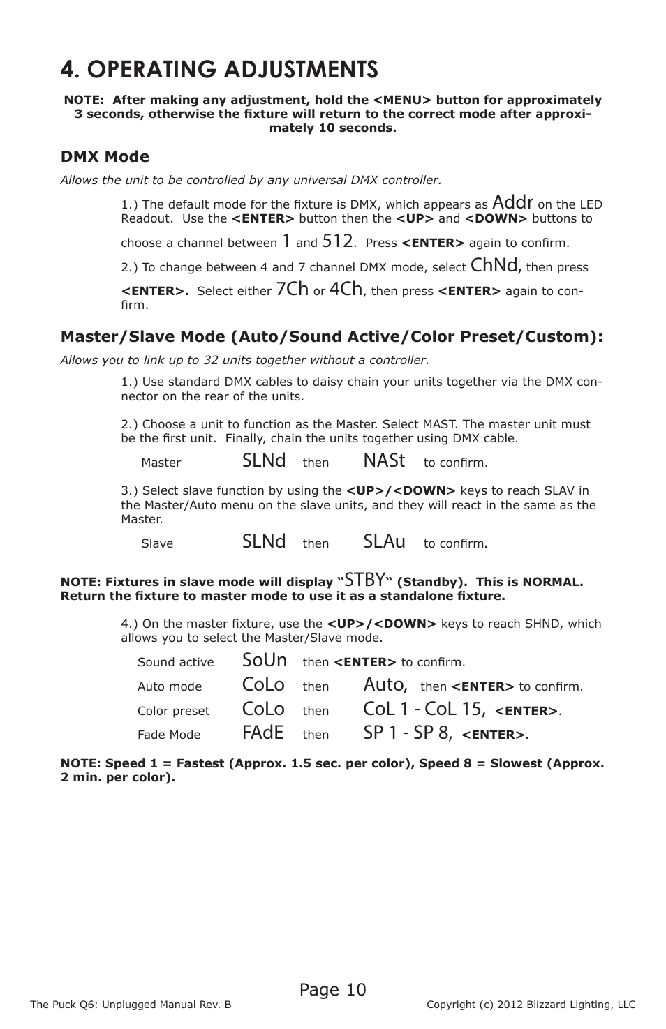 Operating adjustments, Addr, Chnd | Slnd, Nast, Slau, Stby, Soun, Colo, Auto | Blizzard Lighting The Puck Q6A Unplugged (Rev. B) User Manual | Page 10 / 20