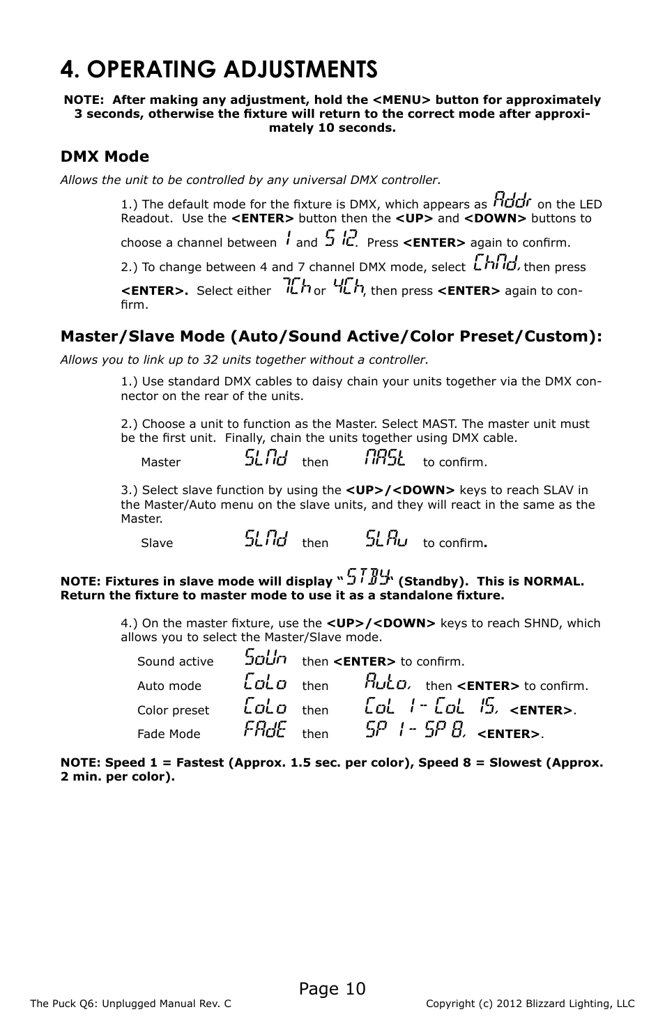 Operating adjustments, Addr, Chnd | Slnd, Nast, Slau, Stby, Soun, Colo, Auto | Blizzard Lighting The Puck Q6A Unplugged (Rev. C) User Manual | Page 10 / 20