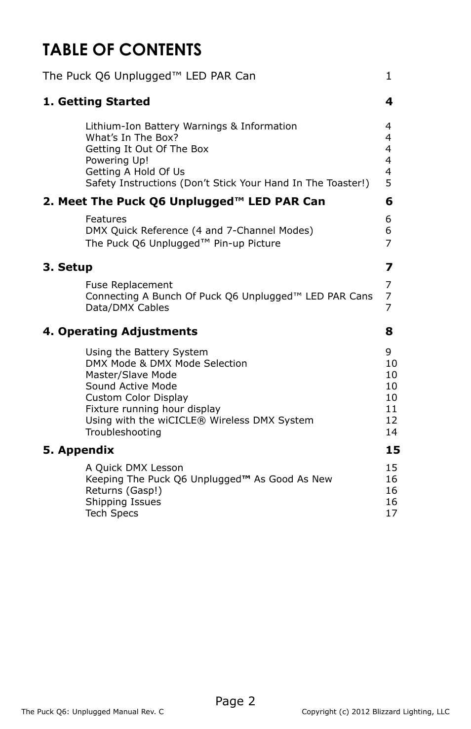 Blizzard Lighting The Puck Q6A Unplugged (Rev. C) User Manual | Page 2 / 20