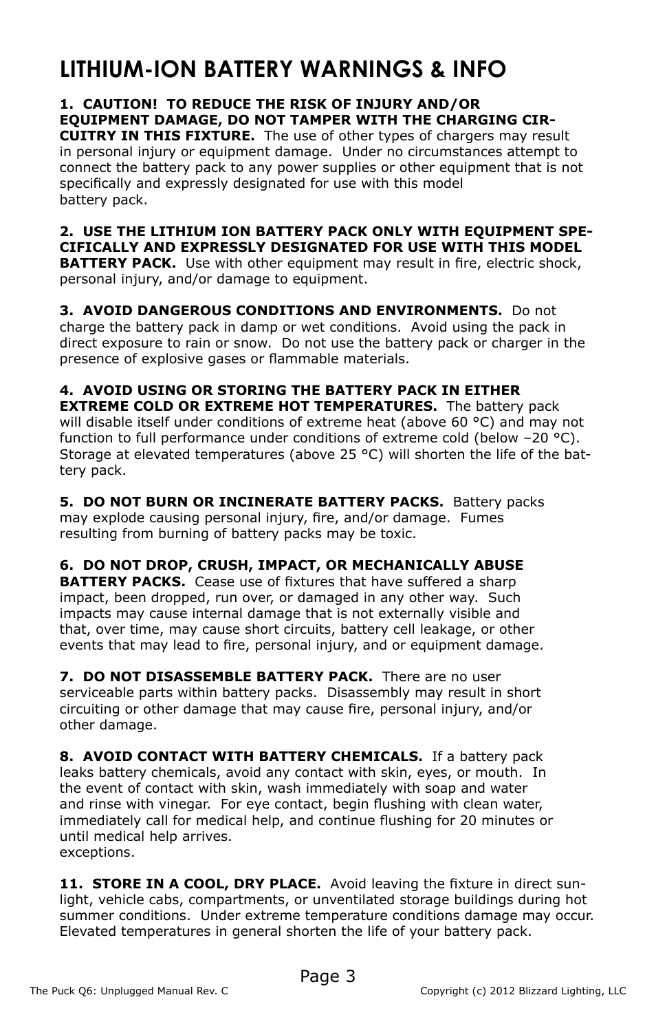 Lithium-ion battery warnings & info, Page 3 | Blizzard Lighting The Puck Q6A Unplugged (Rev. C) User Manual | Page 3 / 20