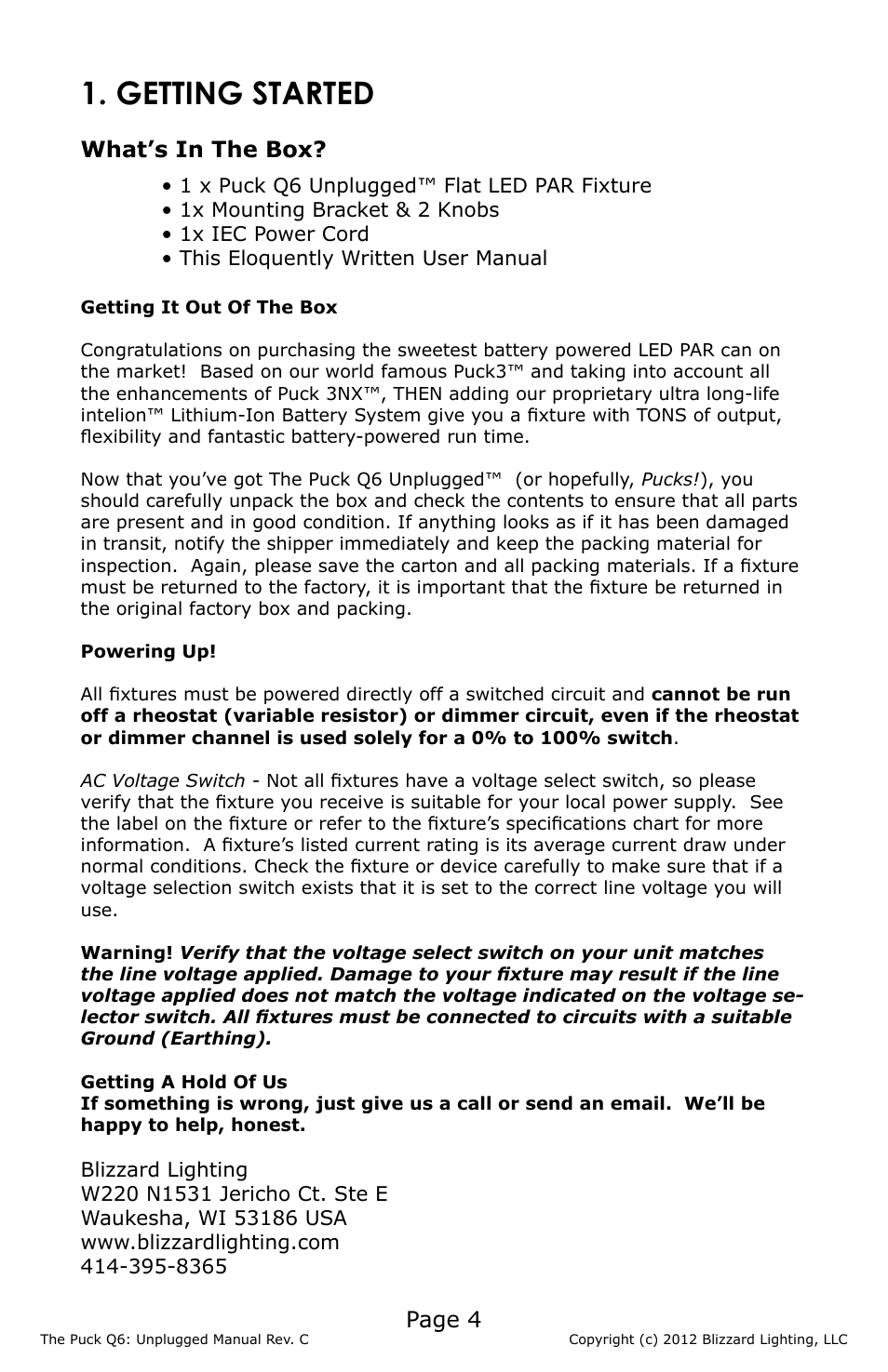 Getting started, Page 4, What’s in the box | Blizzard Lighting The Puck Q6A Unplugged (Rev. C) User Manual | Page 4 / 20