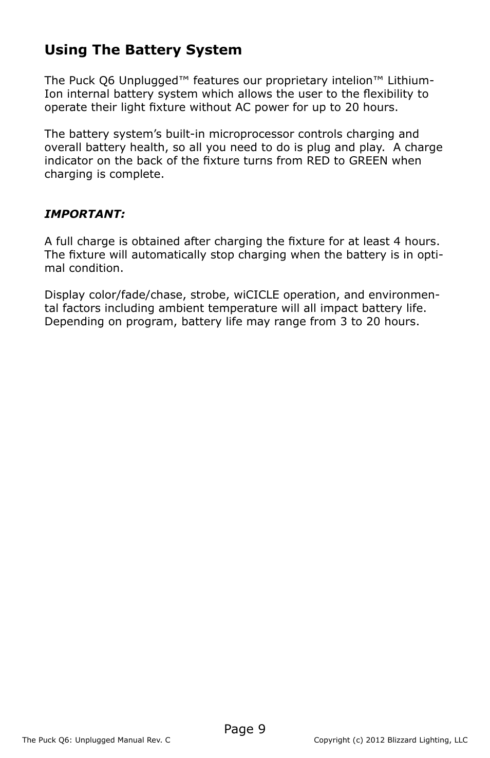 Using the battery system, Page 9 | Blizzard Lighting The Puck Q6A Unplugged (Rev. C) User Manual | Page 9 / 20