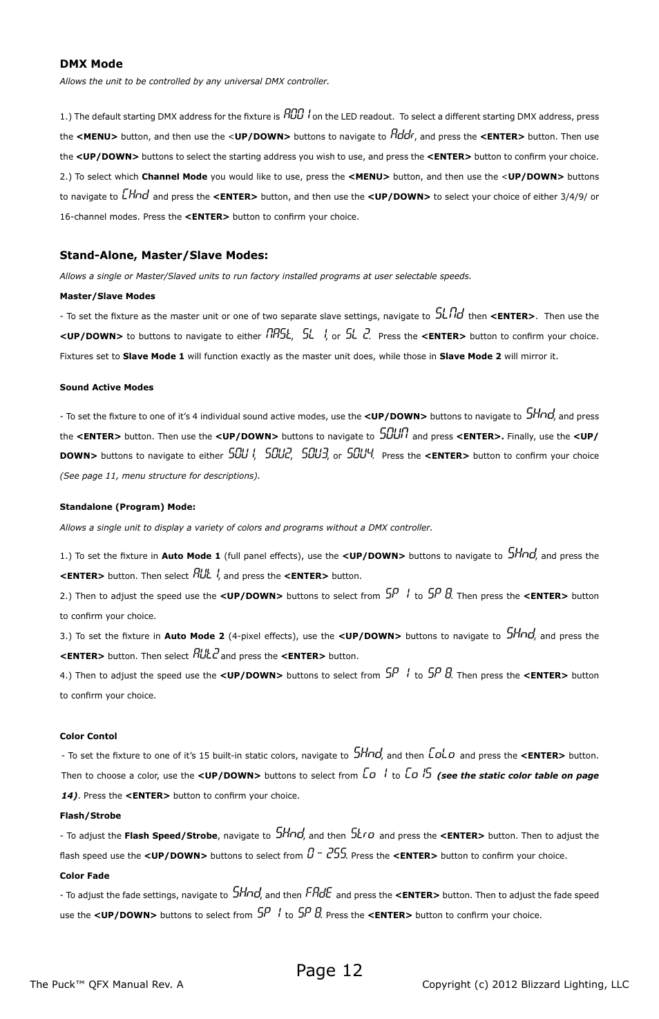 Page 12, Slnd, Shnd | Soun, A001, Addr, Chnd, Nast, Sl 1, Sl 2 | Blizzard Lighting QFX The Puck (Rev A) User Manual | Page 12 / 20