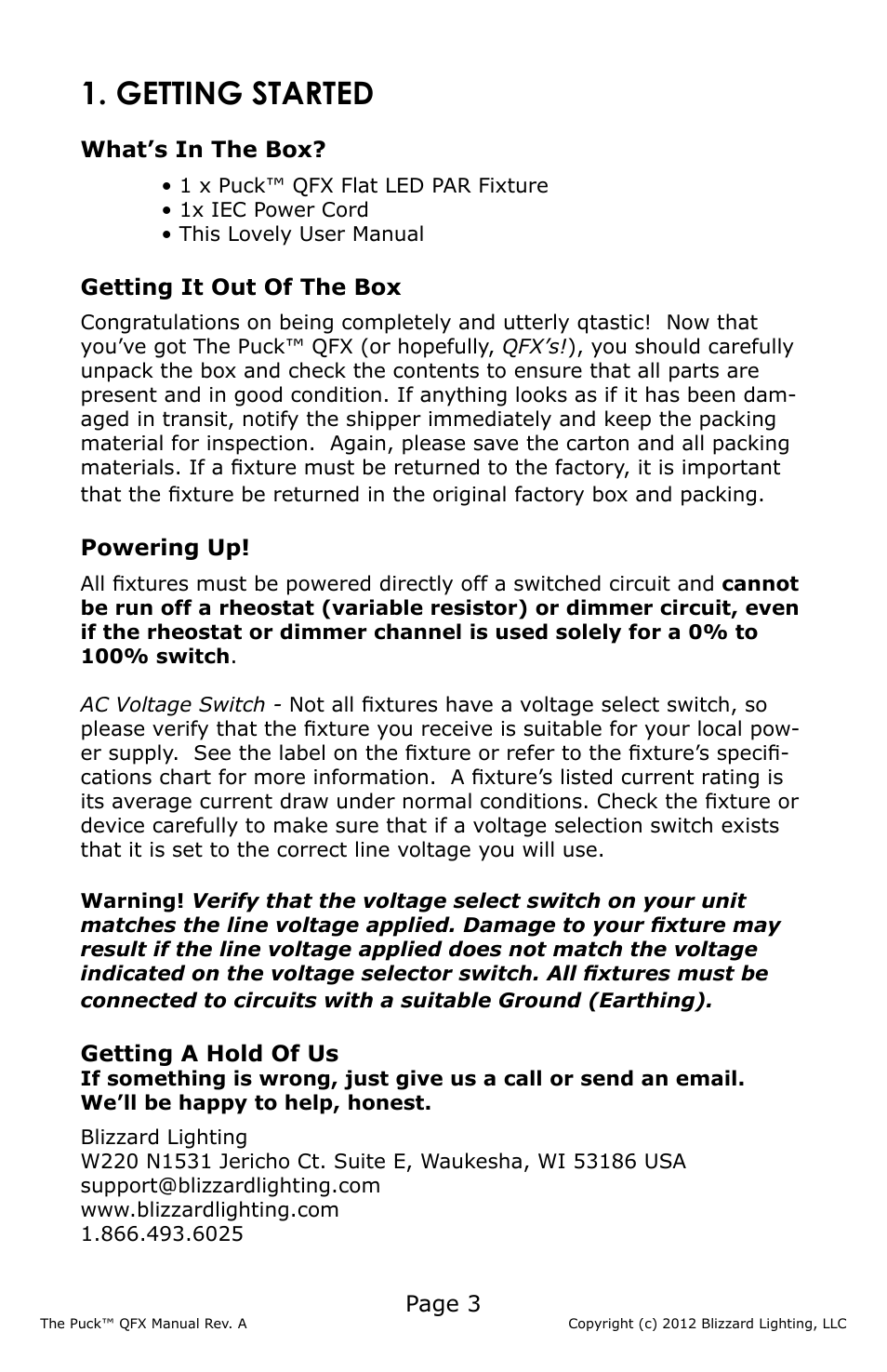 Getting started, Page 3, What’s in the box | Getting it out of the box, Powering up, Getting a hold of us | Blizzard Lighting QFX The Puck (Rev A) User Manual | Page 3 / 20