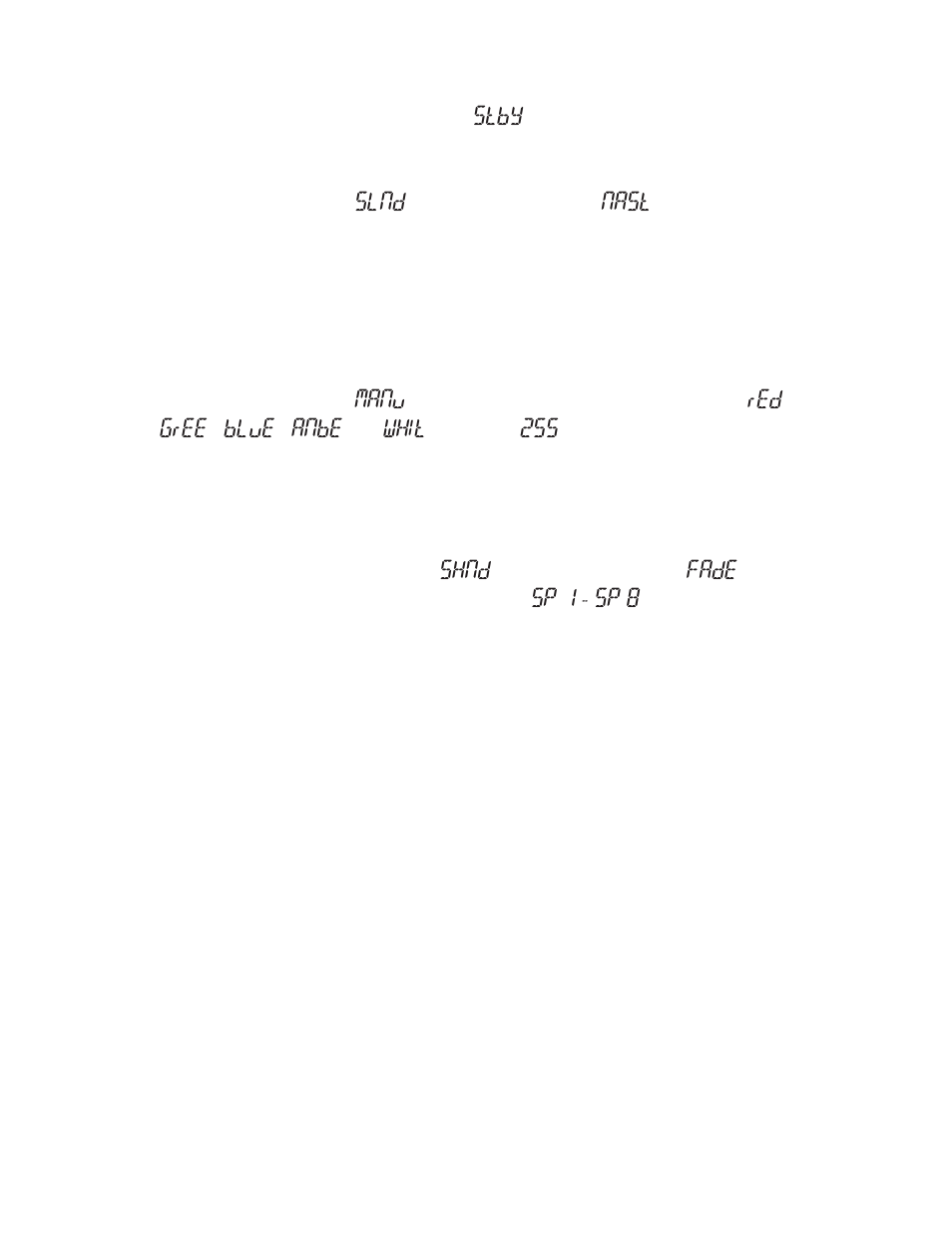 Stby, Slnd, Nast | Manu, Red , gree , blue, anbe or whit, Shnd, Fade, Sp 1, Sp 8 | Blizzard Lighting RGBAW The Puck (Rev A) User Manual | Page 11 / 16