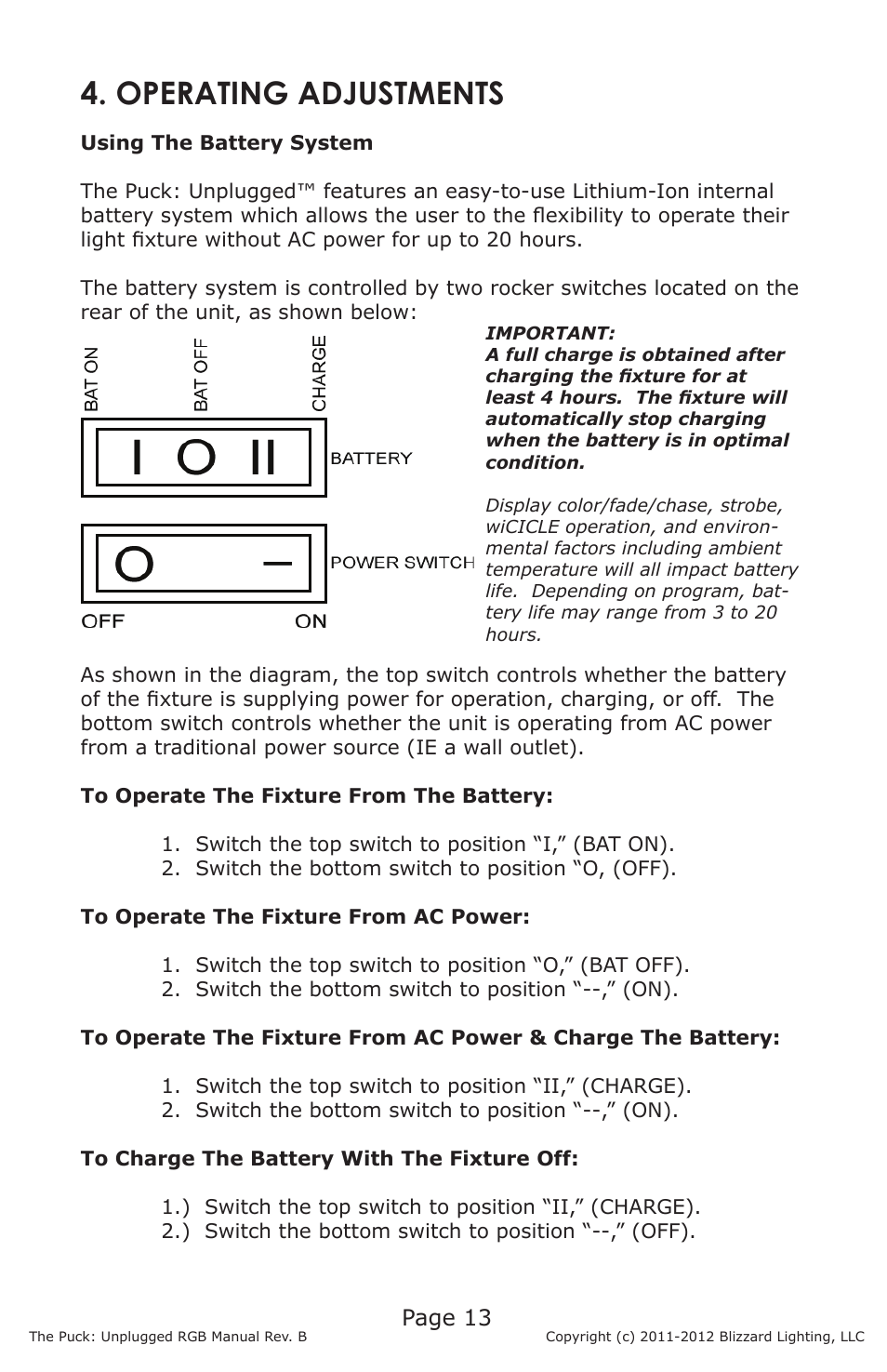 Operating adjustments, Page 13 | Blizzard Lighting RGB The Puck Unplugged (Rev B) User Manual | Page 13 / 20
