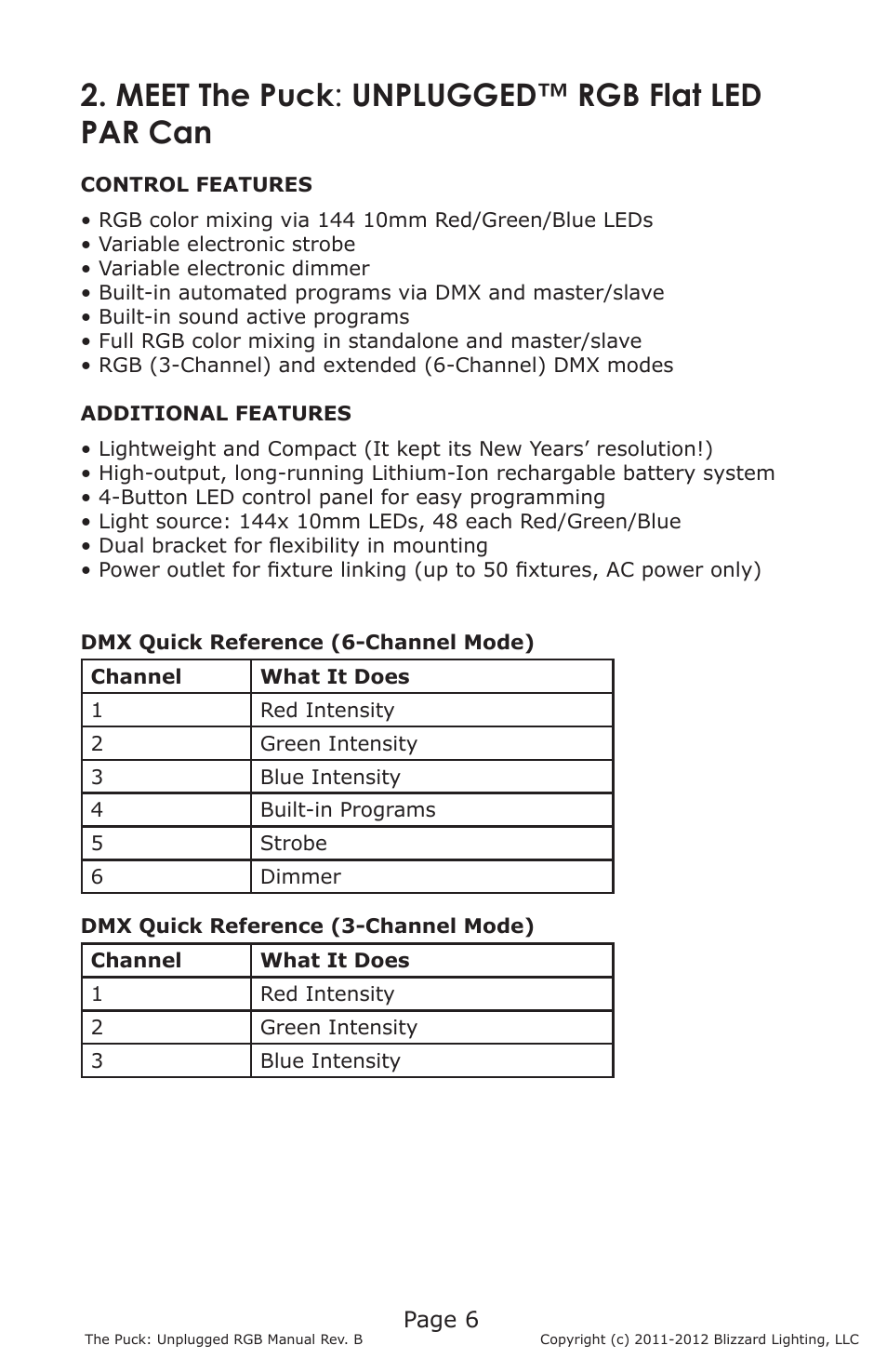Meet the puck : unplugged™ rgb flat led par can | Blizzard Lighting RGB The Puck Unplugged (Rev B) User Manual | Page 6 / 20