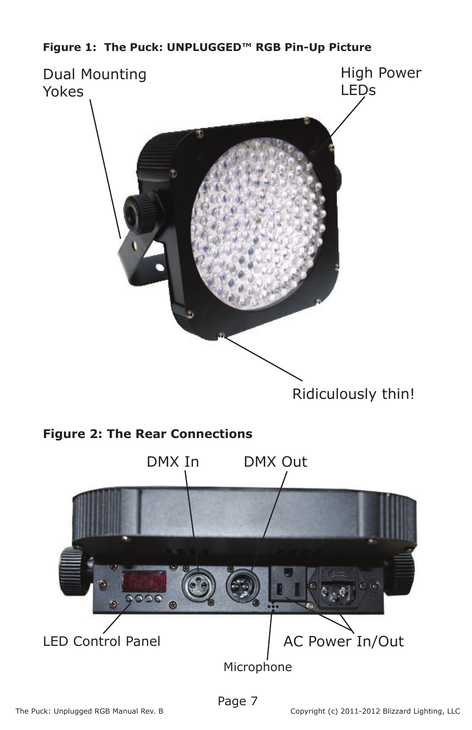 Ac power in/out dmx in dmx out | Blizzard Lighting RGB The Puck Unplugged (Rev B) User Manual | Page 7 / 20