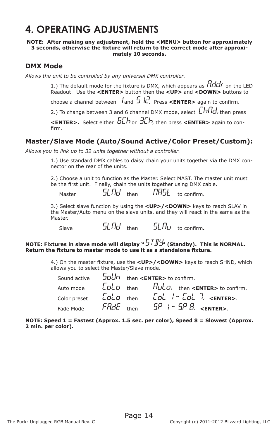 Operating adjustments, Addr, Chnd | Slnd, Nast, Slau, Stby, Soun, Colo, Auto | Blizzard Lighting RGB The Puck Unplugged (Rev C) User Manual | Page 14 / 20