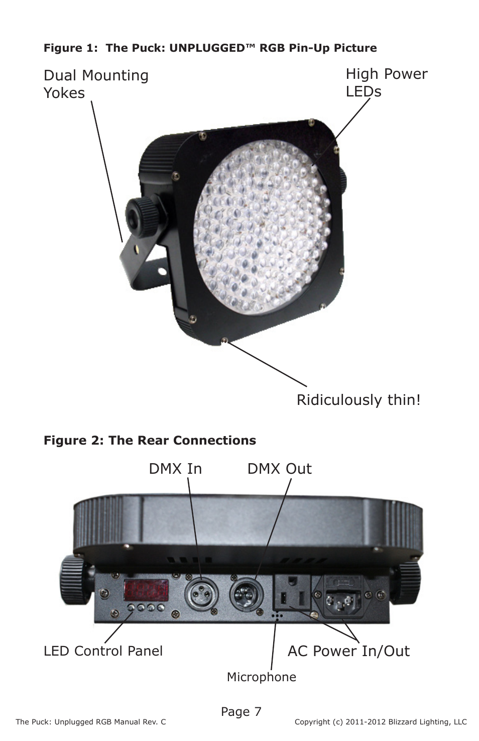 Ac power in/out dmx in dmx out | Blizzard Lighting RGB The Puck Unplugged (Rev C) User Manual | Page 7 / 20