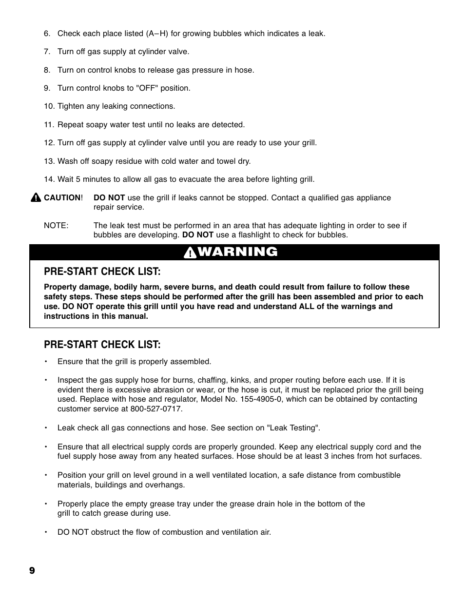 Warning, Pre-start check list | Brinkmann Heavy-Duty 4905 User Manual | Page 10 / 28