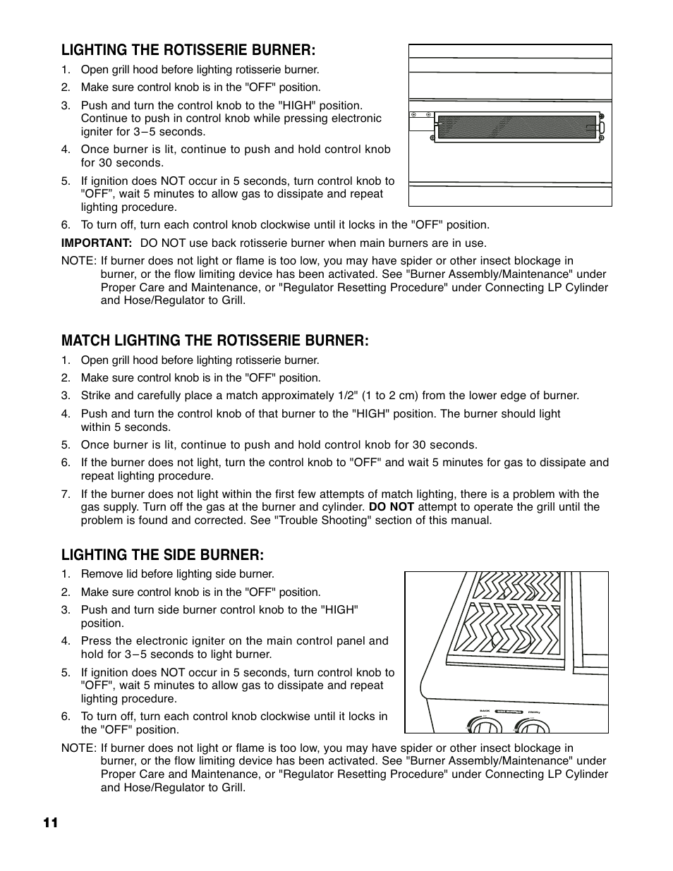 Lighting the rotisserie burner, Match lighting the rotisserie burner, Lighting the side burner | Brinkmann Heavy-Duty 4905 User Manual | Page 12 / 28