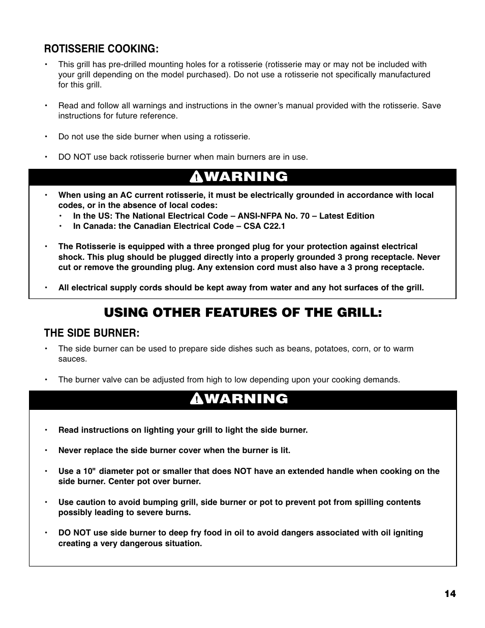 Warning, Using other features of the grill, Rotisserie cooking | The side burner | Brinkmann Heavy-Duty 4905 User Manual | Page 15 / 28