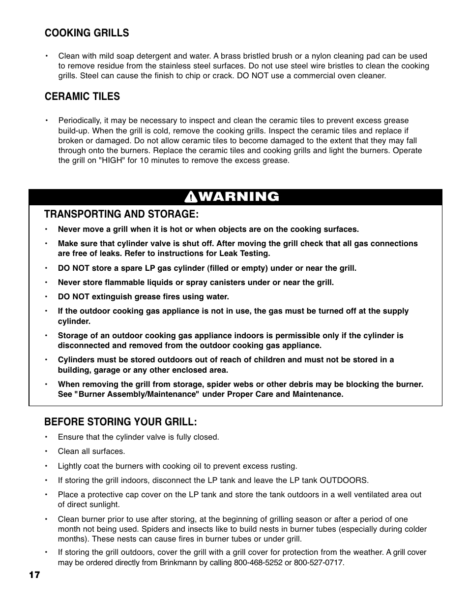 Warning, Transporting and storage, Before storing your grill | Cooking grills, Ceramic tiles | Brinkmann Heavy-Duty 4905 User Manual | Page 18 / 28